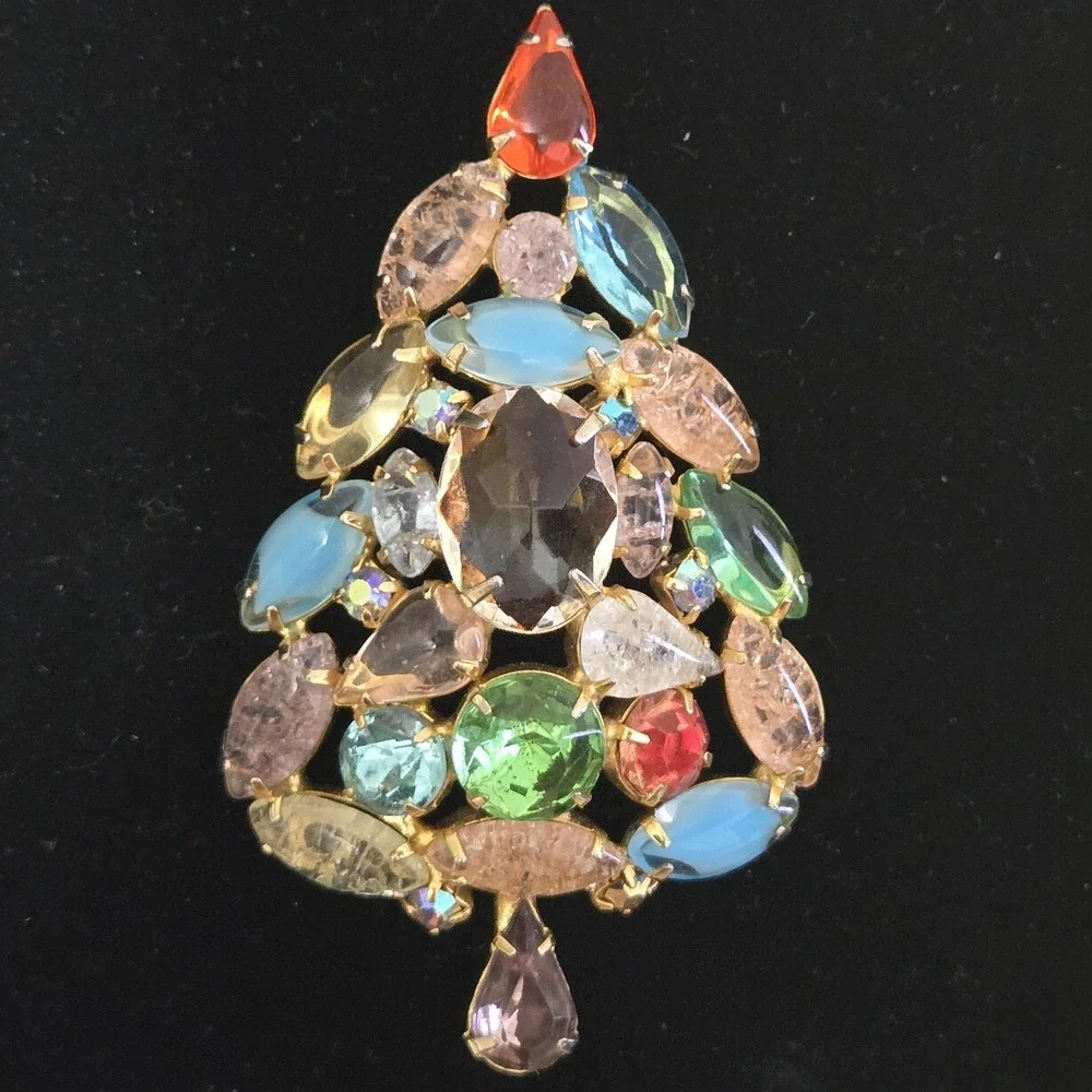 Multi Colored Crackle Glass Givre Fruit Salad Christmas Tree Brooch Pin Vtg